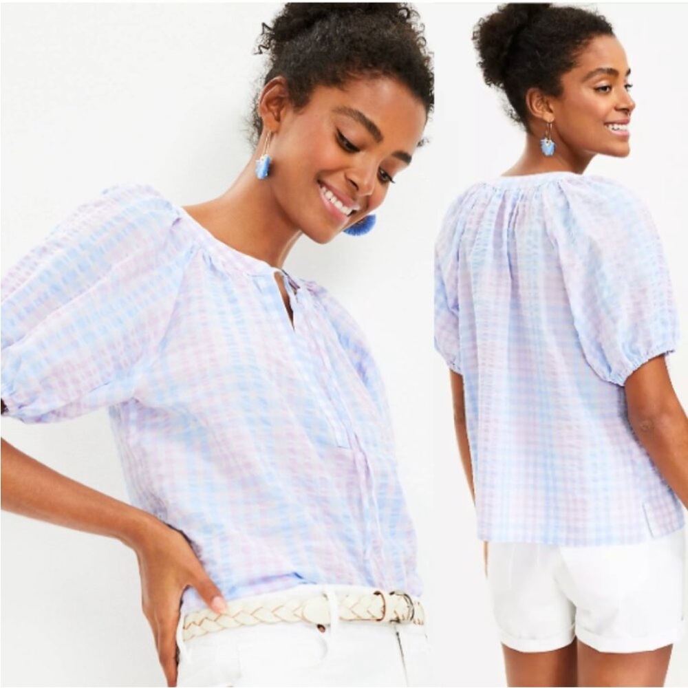 LOFT Pastel Tie Neck Pastel Striped Gingham Plaid Puff Sleeve Top Size XS - Picture 2 of 9